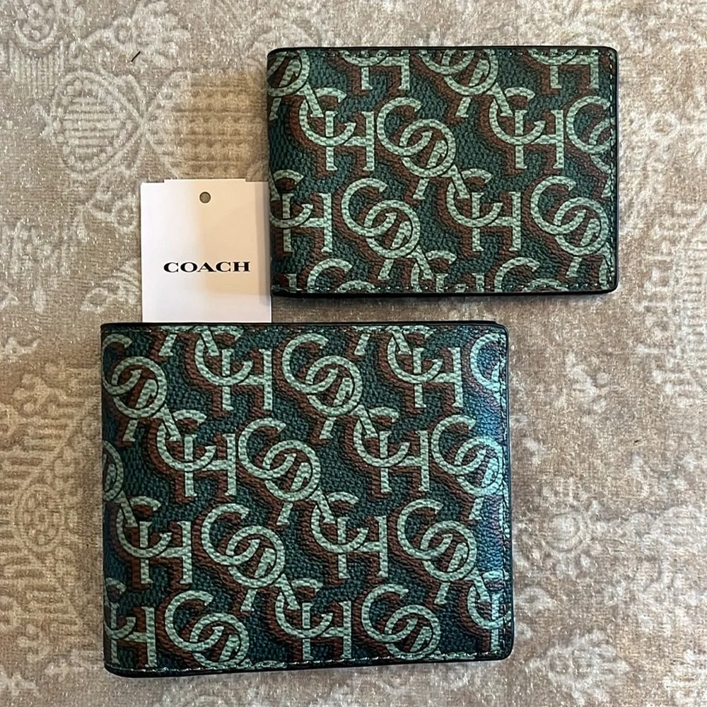 Brand New Coach Genuine Leather 3 in 1 Monogram Amazon Green Wallet & ID Insert